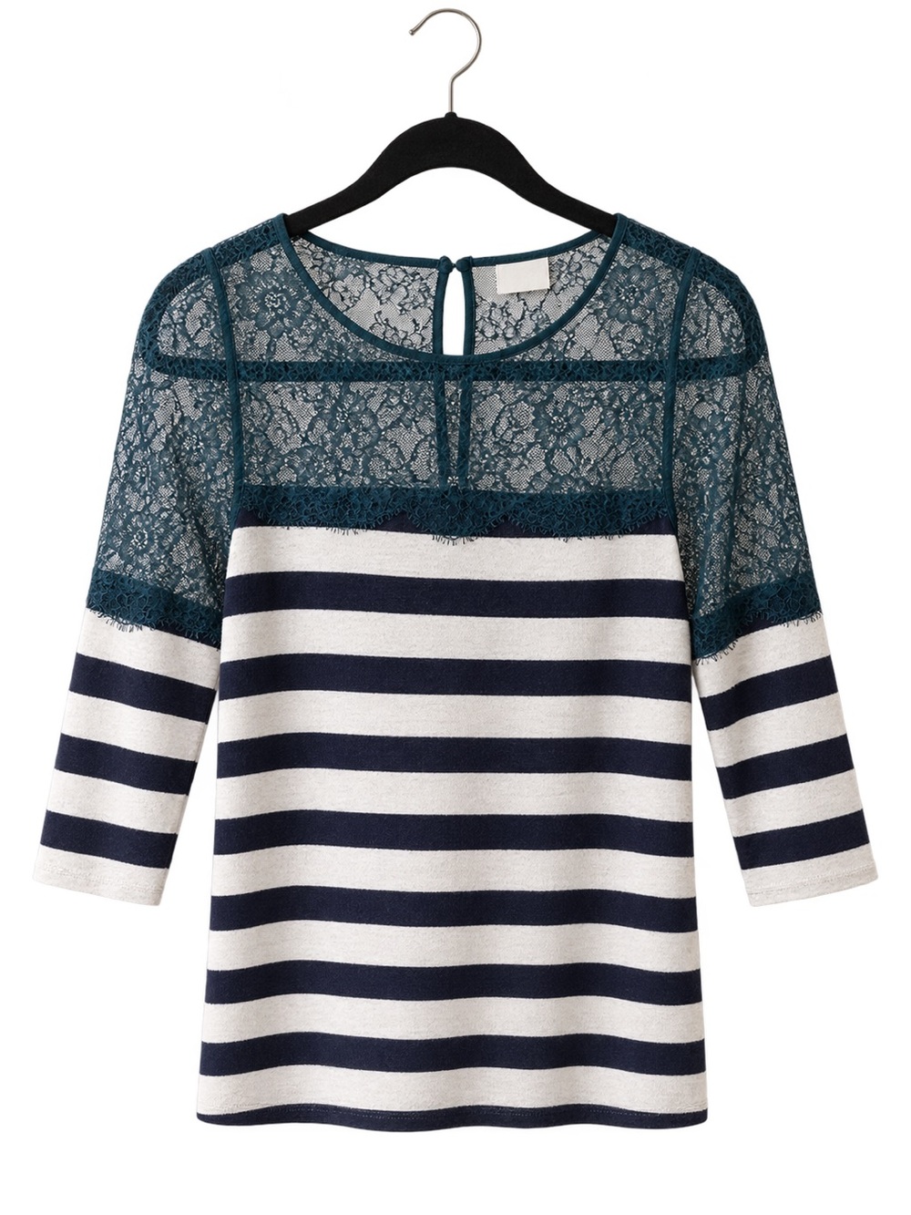 Anthropologie Deletta Lace & Lines 3/4 Sleeve Pullover Teal Navy White